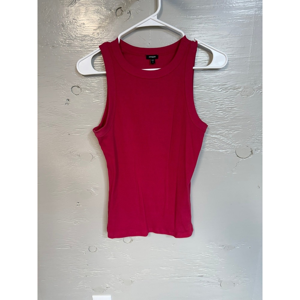 Express Womens Ribbed Knit Tank Top Magenta Pink Crew Neck Sleeveless Small